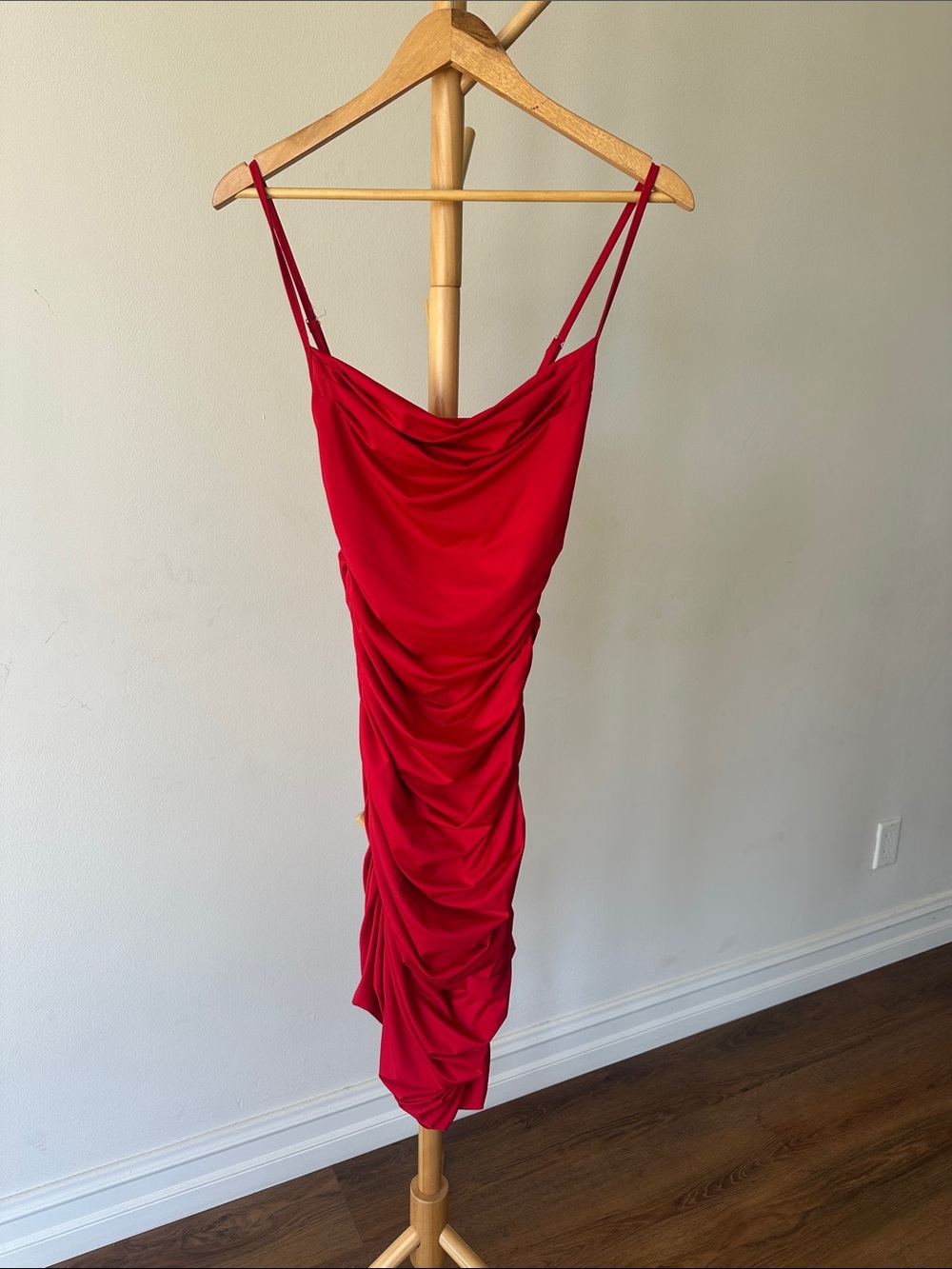 Red Ruched Slip Dress with Spaghetti Straps